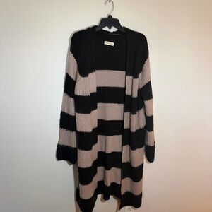 By Together Long Cardigan Sweater Striped Fuzzy Knit Maxi Duster Sz L Black
